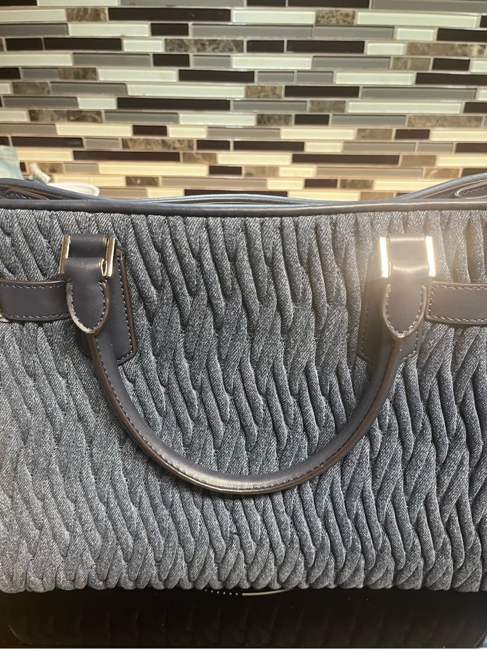 EUC Michael Kors Hamilton Denim-Textured Navy Satchel with Shoulder Strap - Picture 4 of 14